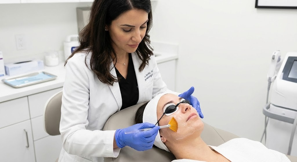 A dermatologist performing a chemical peel treatment to fade dark spots