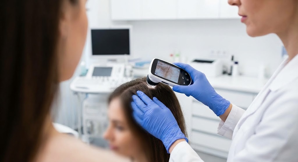 A dermatologist performing a scalp examination using a dermatoscope