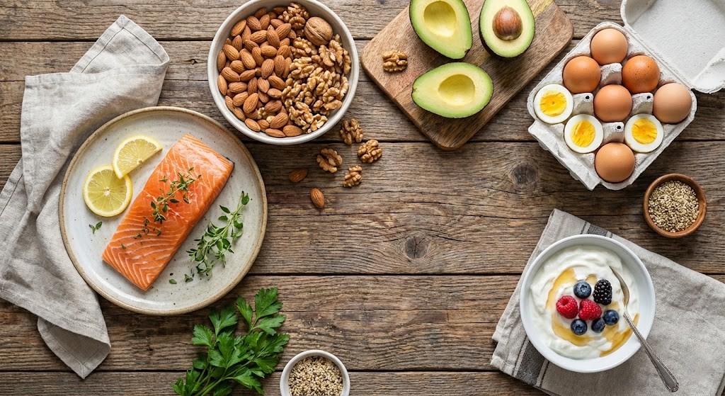 A display of protein and omega-rich foods including salmon, eggs, and nuts for hair growth