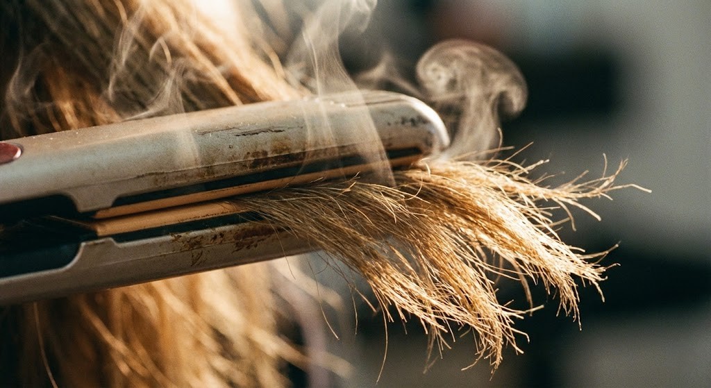 A flat iron straightening hair with steam rising, illustrating heat damage that leads to breakage