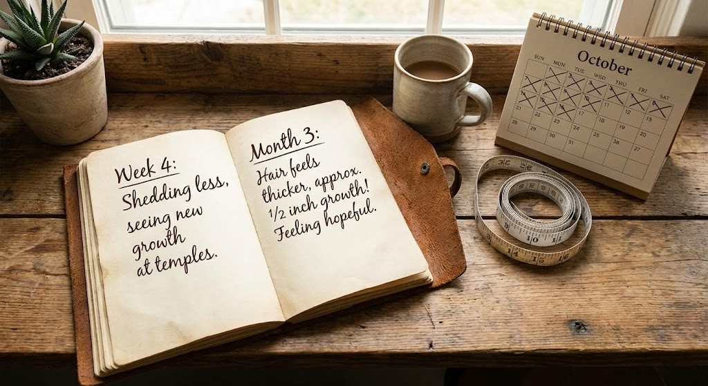 A journal and calendar used to track hair growth progress over several months