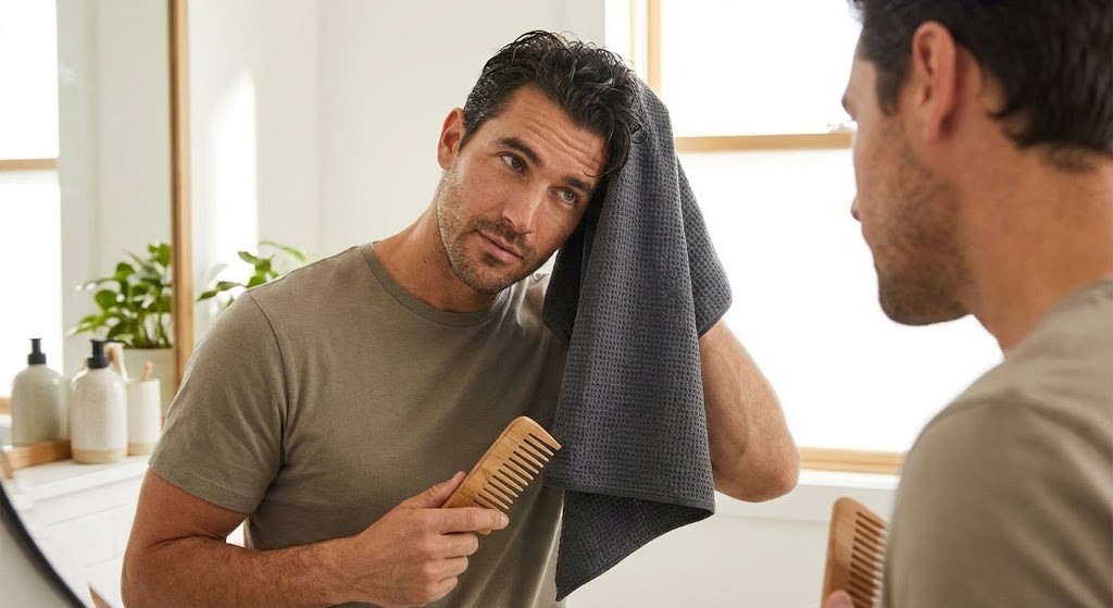 A man gently drying hair with a microfiber towel to prevent breakage