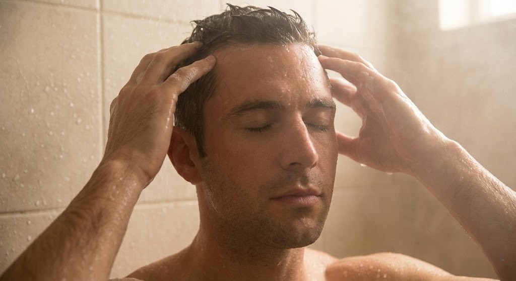 A man gently massaging shampoo into his scalp using fingertips to promote circulation
