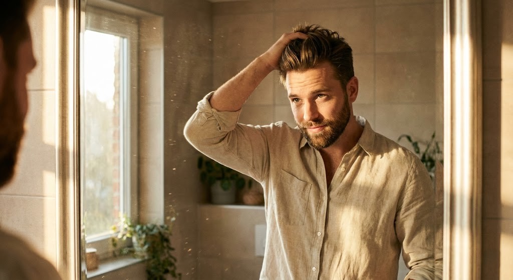 A man inspecting his hair thickness and growth in a bathroom mirror