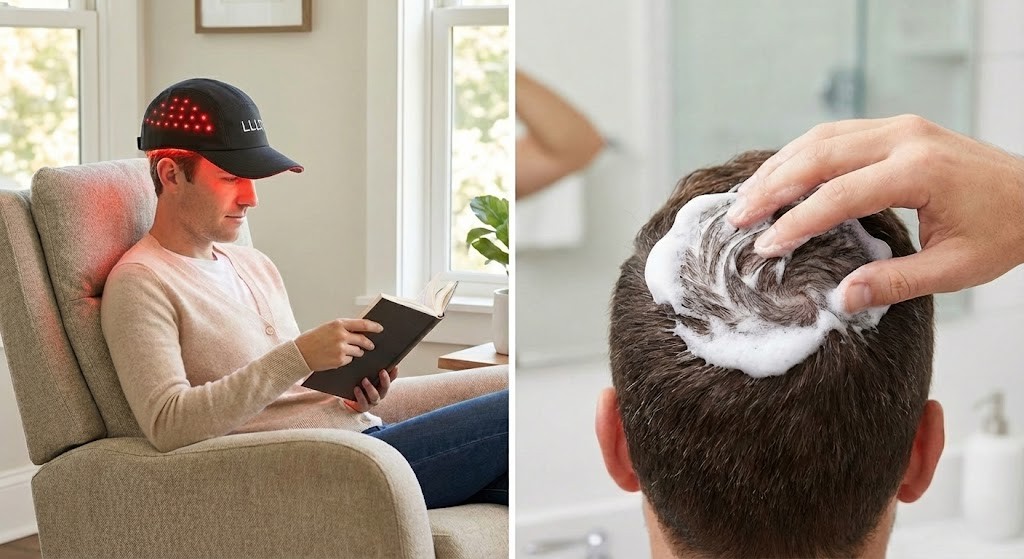 A man using a laser therapy cap for hair regrowth