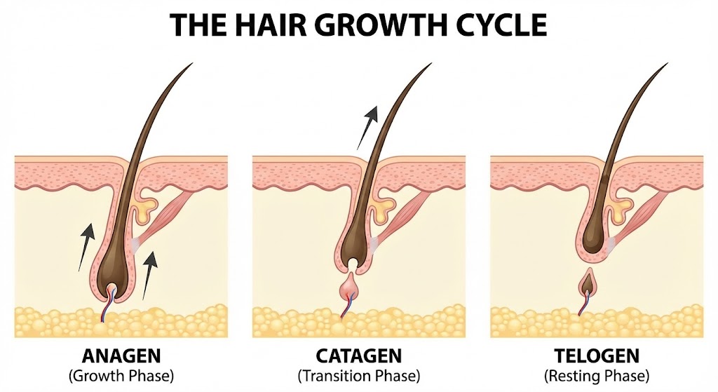 A medical diagram illustrating the three phases of the hair growth cycle - Anagen Catagen and Telogen