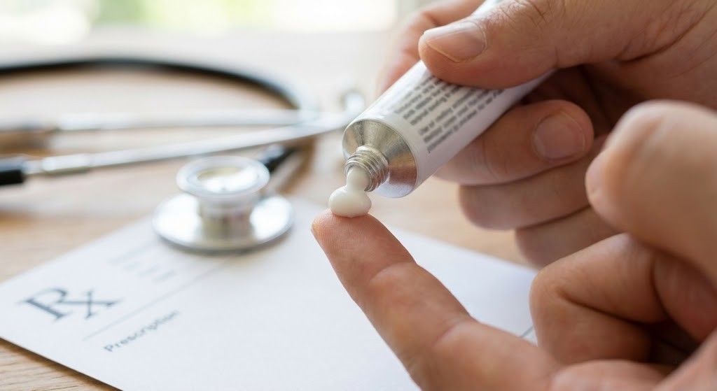 A pea-sized amount of prescription tretinoin cream on a fingertip