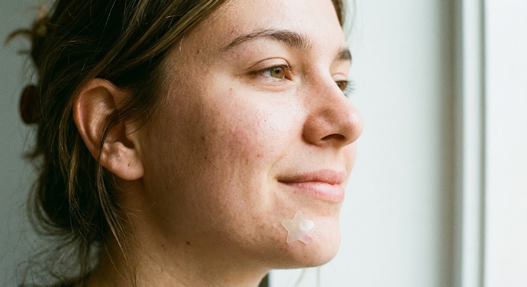 A person wearing a hydrocolloid pimple patch to prevent picking and scarring