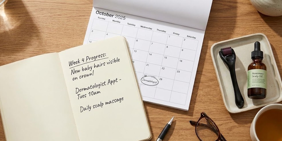 A treatment planner and calendar for tracking hair regrowth progress