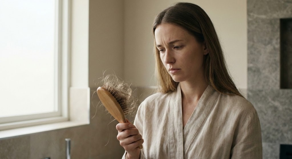 A woman examining a hairbrush filled with loose hair strands, representing excessive shedding