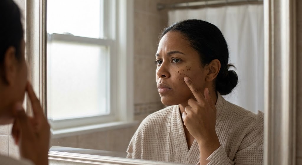 A woman examining post-inflammatory hyperpigmentation on her cheek in a bathroom mirror