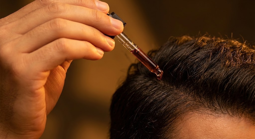 Applying rosemary oil to the scalp to stimulate hair follicles