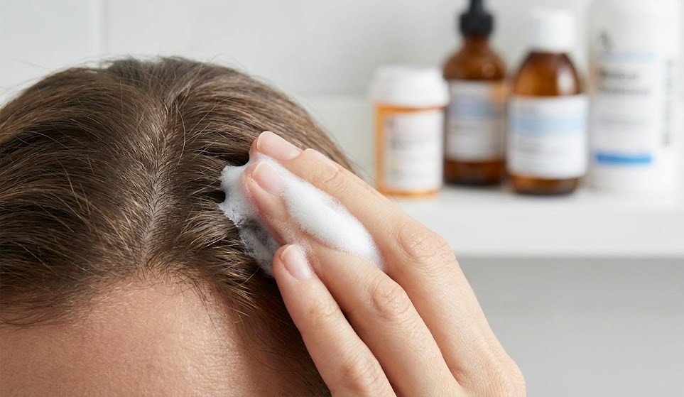 Applying topical minoxidil foam to the scalp for hair regrowth