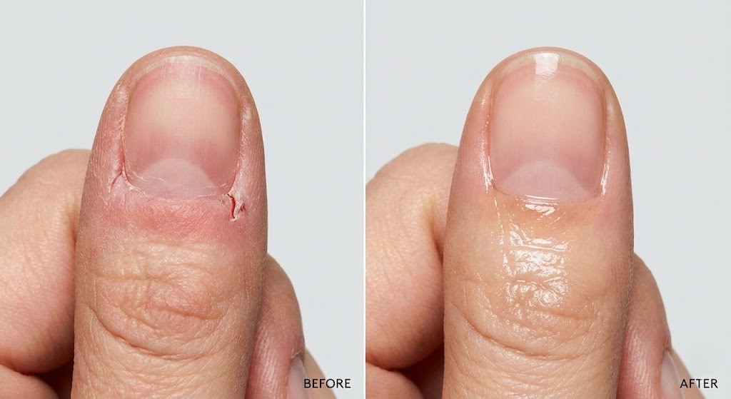 Before and after comparison of healing severe cuticle damage