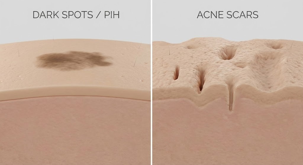 Comparison of flat dark spots (PIH) versus indented acne scars