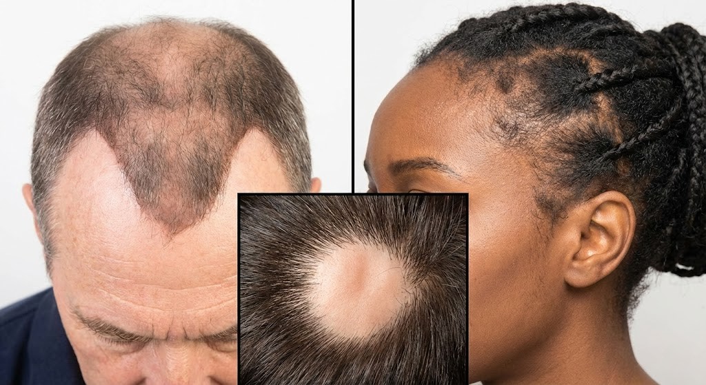 Comparison of male pattern baldness, traction alopecia, and alopecia areata.
