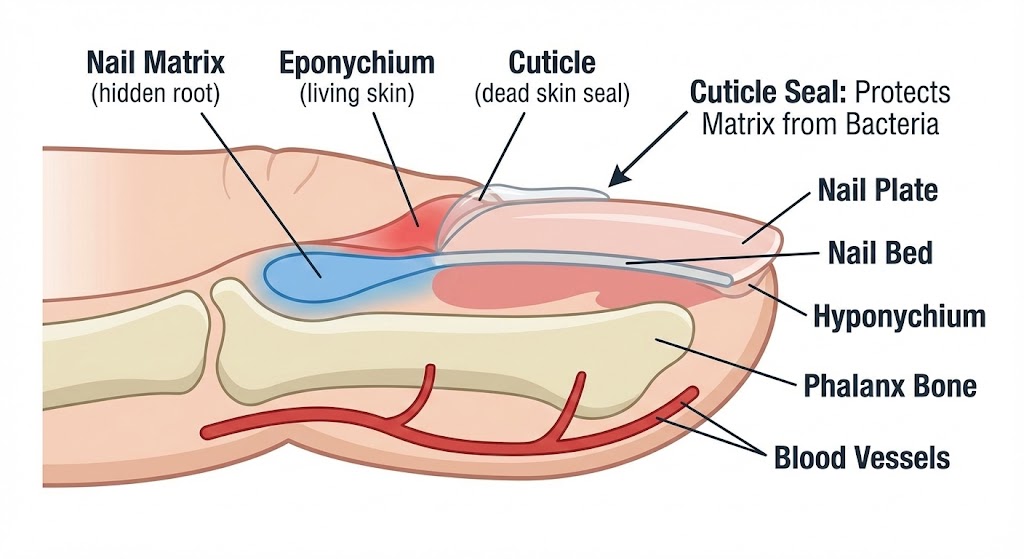 Cross-section anatomy diagram of a fingernail showing the matrix, eponychium, and cuticle seal