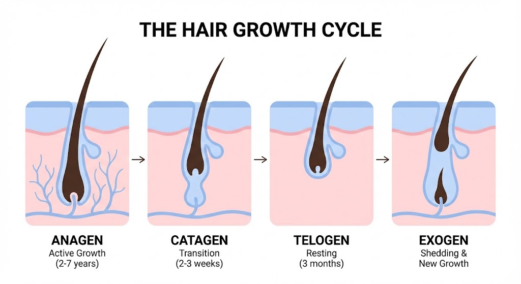Diagram illustrating the Anagen, Catagen, Telogen, and Exogen phases of the hair growth cycle