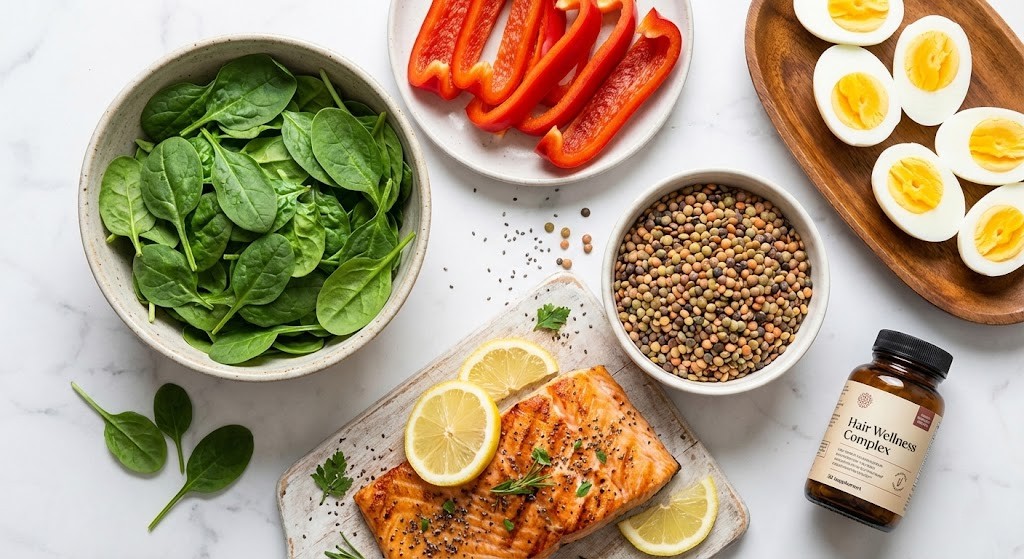 Flat lay of iron-rich and protein-rich foods like spinach, salmon, and eggs to combat hair shedding