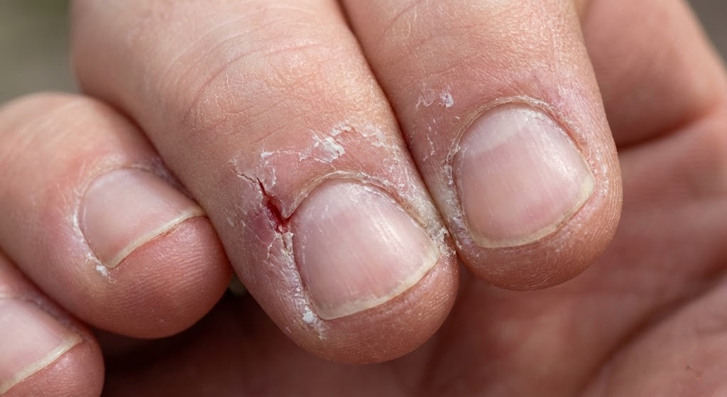 Macro photography showing severe dry skin and cracked cuticles