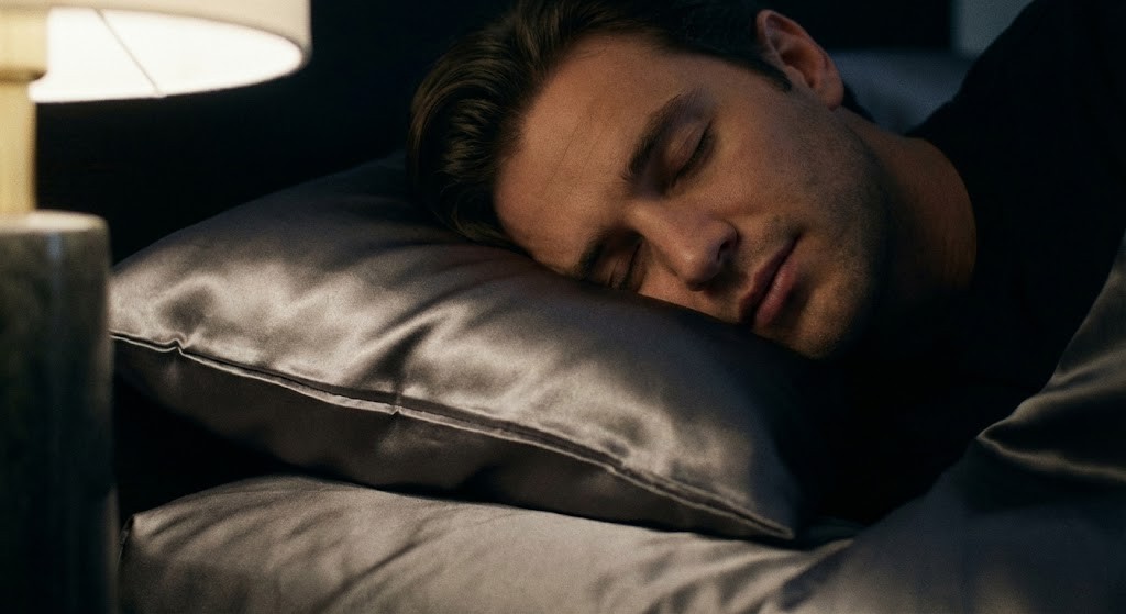 Man sleeping on a silk pillowcase to reduce hair friction and damage