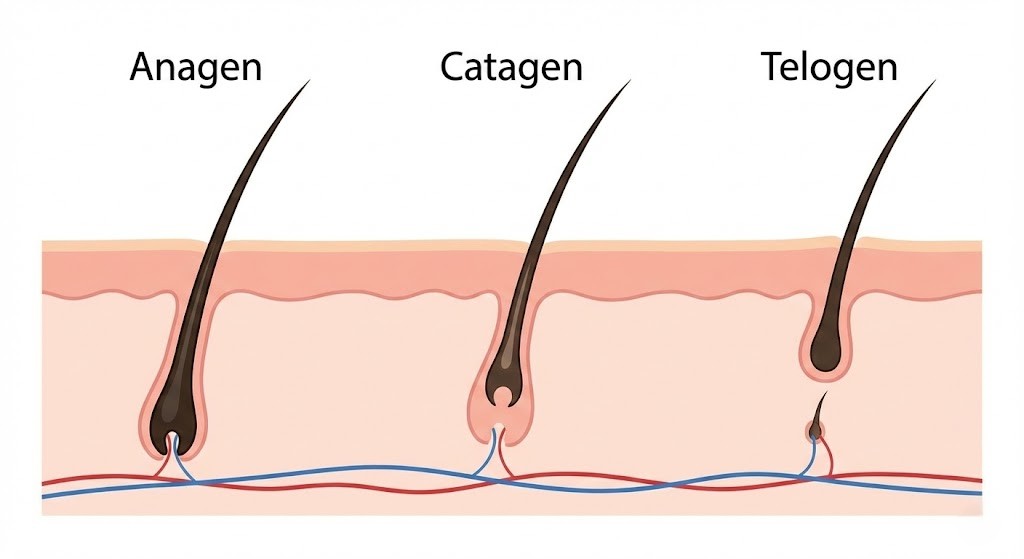 Medical diagram illustrating the anagen, catagen, and telogen phases of the hair growth cycle