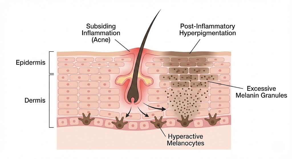 Medical diagram showing how inflammation from acne triggers melanocytes to release excess melanin, causing dark spots