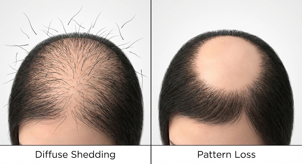 Medical illustration comparing diffuse hair shedding (Telogen Effluvium) versus specific hair loss patterns