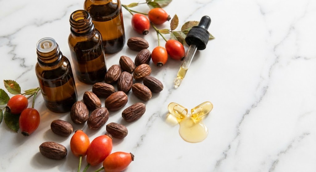 Natural healing ingredients including jojoba, rosehip, and vitamin E oil