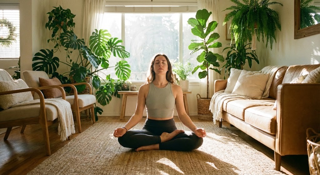 Person practicing mindfulness meditation to reduce stress-induced hair shedding