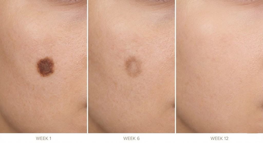 Timeline showing the gradual fading of a dark spot over 12 weeks of treatment