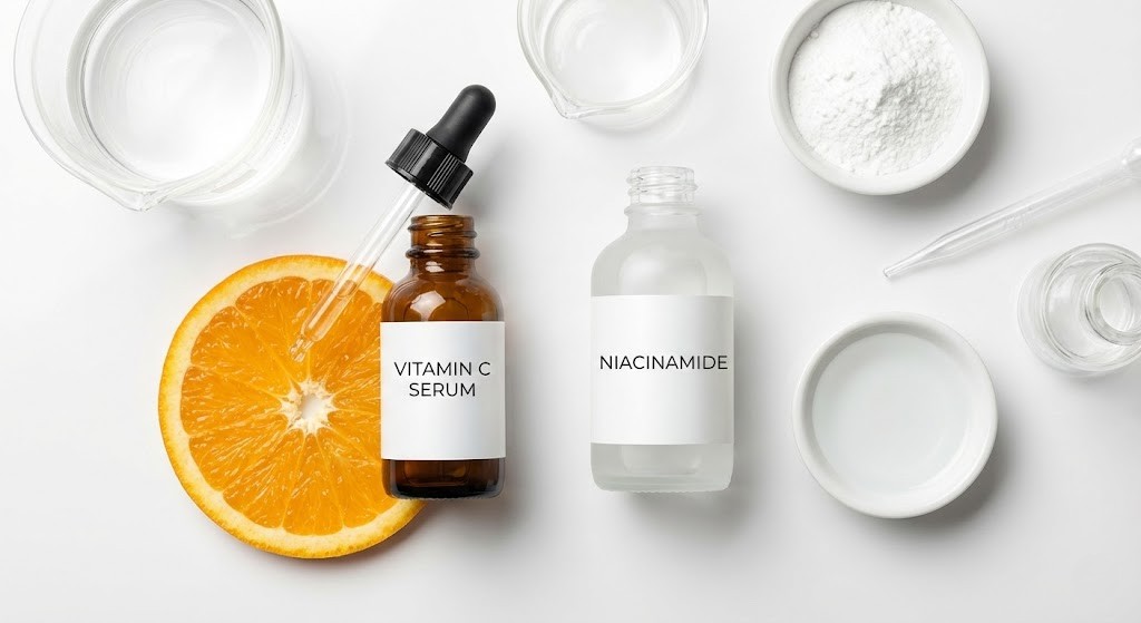 Vitamin C and Niacinamide skincare serums for treating hyperpigmentation