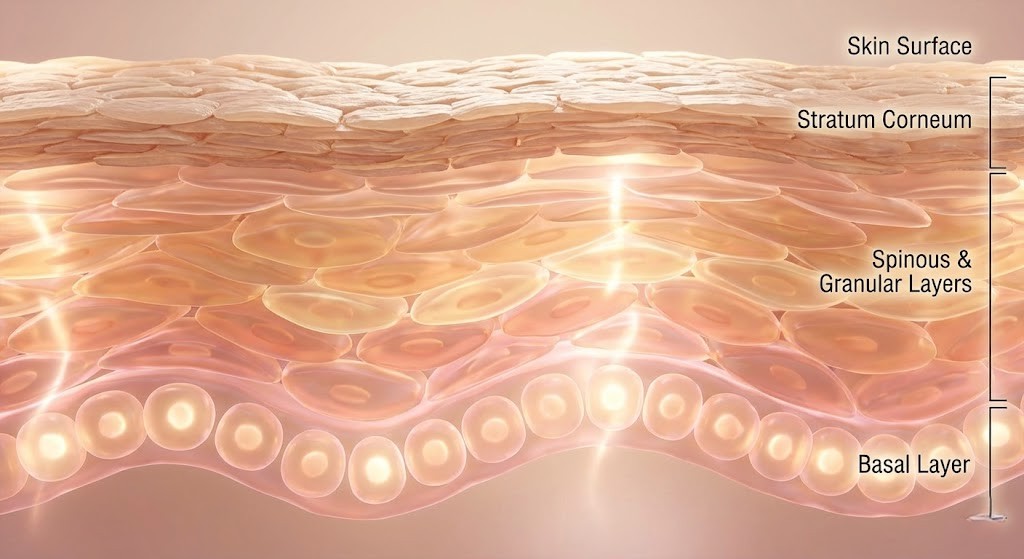 A 3D medical illustration showing the cross-section of the human epidermis, illustrating the journey of skin cells from the basal layer to the surface