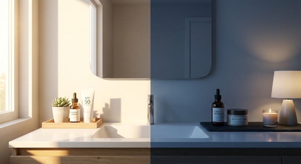A beautifully organized day-to-night skincare routine featuring Vitamin C, SPF, exfoliants, and night cream on a modern bathroom vanity