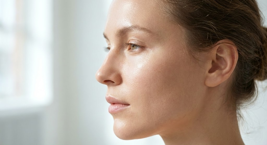 A close-up profile portrait of a woman with a radiant, glowing complexion, demonstrating the visible benefits of healthy skin cell turnover