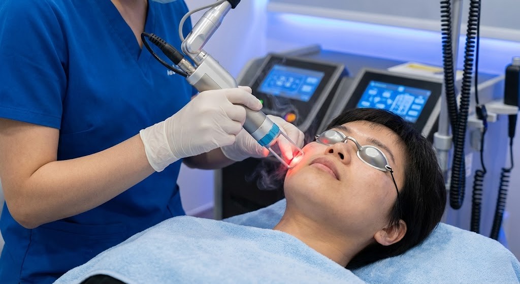 A close-up view of a patient receiving a professional laser skin resurfacing treatment for hyperpigmentation in a clinical setting