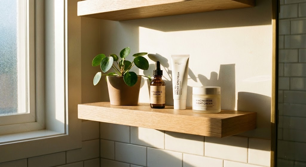 A curated selection of essential skincare products, including Vitamin C serum, SPF 50 sunscreen, and a niacinamide cream, arranged on a minimalist bathroom shelf