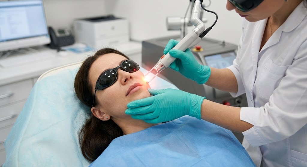 A dermatologist performing laser pigment removal treatment
