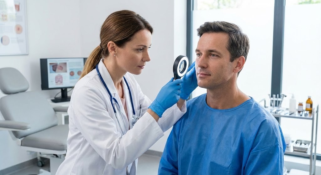 A dermatologist uses a dermatoscope to closely examine a patient's facial skin lesion in a professional clinical setting