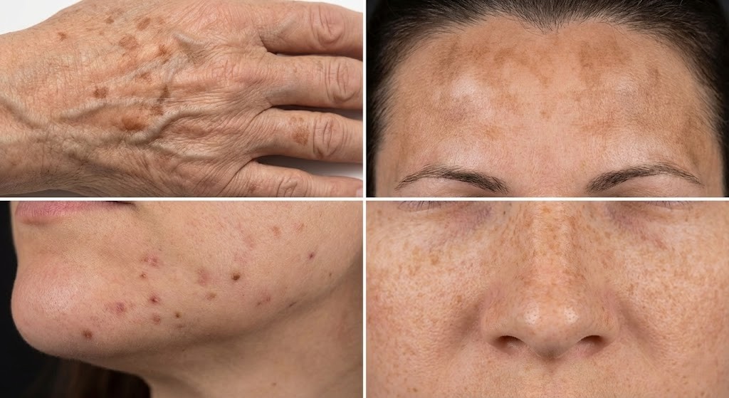 A four-panel clinical comparison grid showing distinct examples of sunspots, melasma patches, post-inflammatory hyperpigmentation, and natural freckles