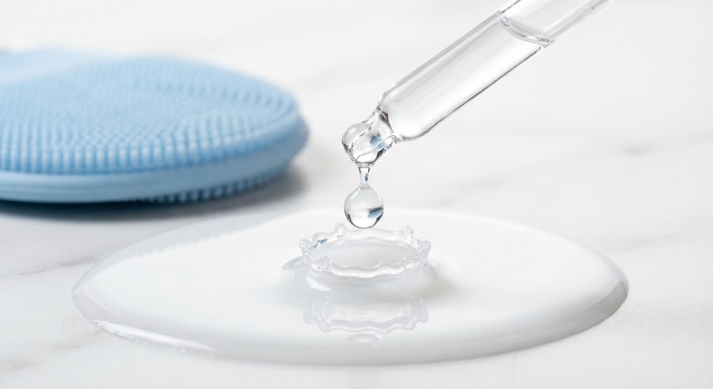 A macro photograph of a clear exfoliating serum drop from a glass pipette, representing chemical exfoliation with AHAs and BHAs