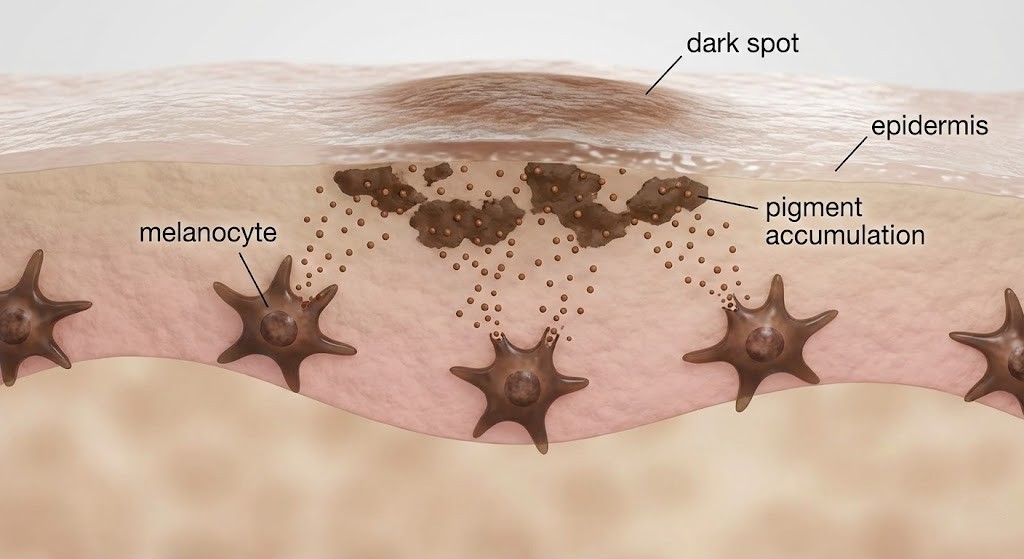 -A microscopic cross-section view of human skin layers illustrating the process of excess melanin production by melanocytes creating hyperpigmentation