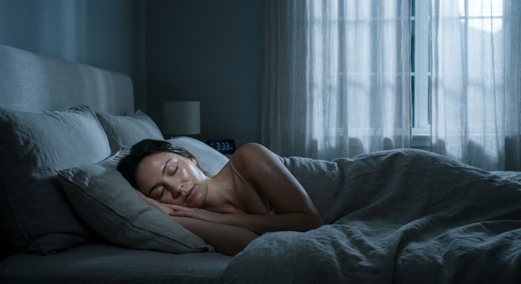 A peaceful person sleeping in a moonlit room, representing the critical nighttime cellular repair and skin renewal process