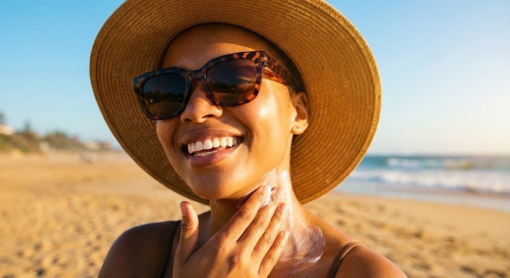 A person with clear skin wearing a wide-brimmed hat and sunglasses applies sunscreen while outdoors on a sunny day, emphasizing sun protection