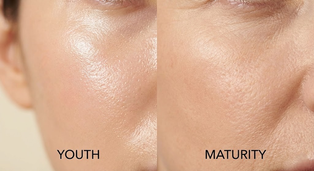 A side-by-side visual comparison of youthful, reflective skin texture versus mature, textured skin, highlighting the effects of aging on cell turnover