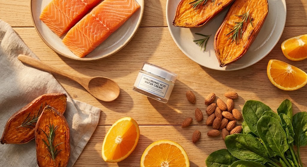 A vibrant flat lay featuring hydrating skincare alongside skin-renewing foods like salmon, sweet potatoes, citrus, and almonds