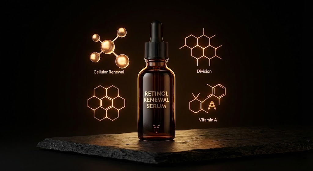 An elegant dark amber bottle of retinol serum surrounded by abstract glowing cellular shapes, symbolizing the skin renewal power of retinoids