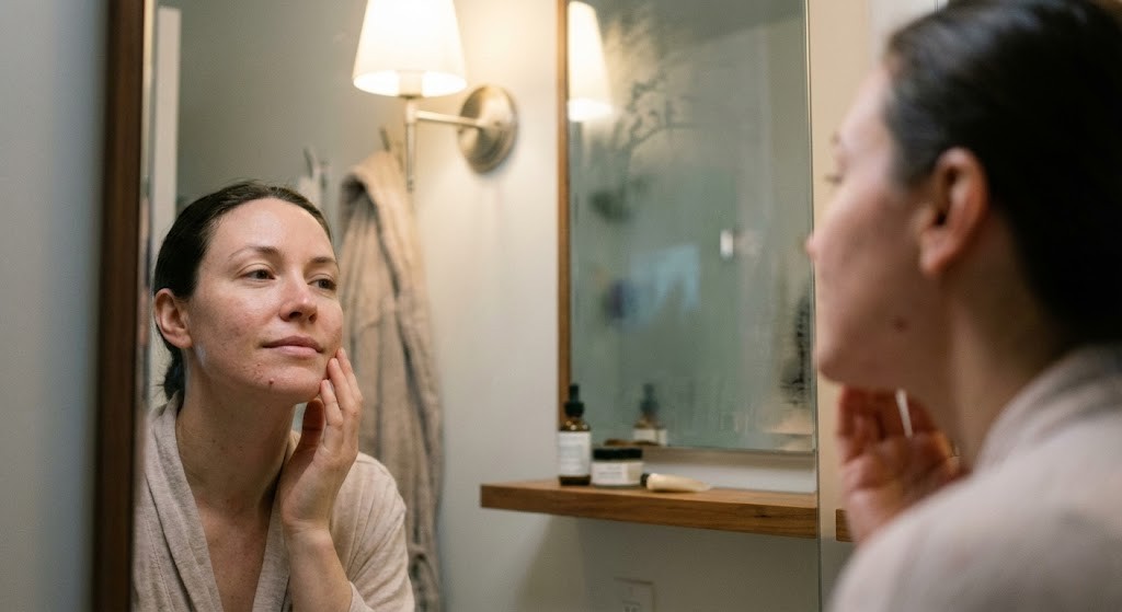 An intimate, relatable lifestyle photograph of a person looking thoughtfully into a beautifully lit bathroom mirror, gently touching their cheek with their fingertips