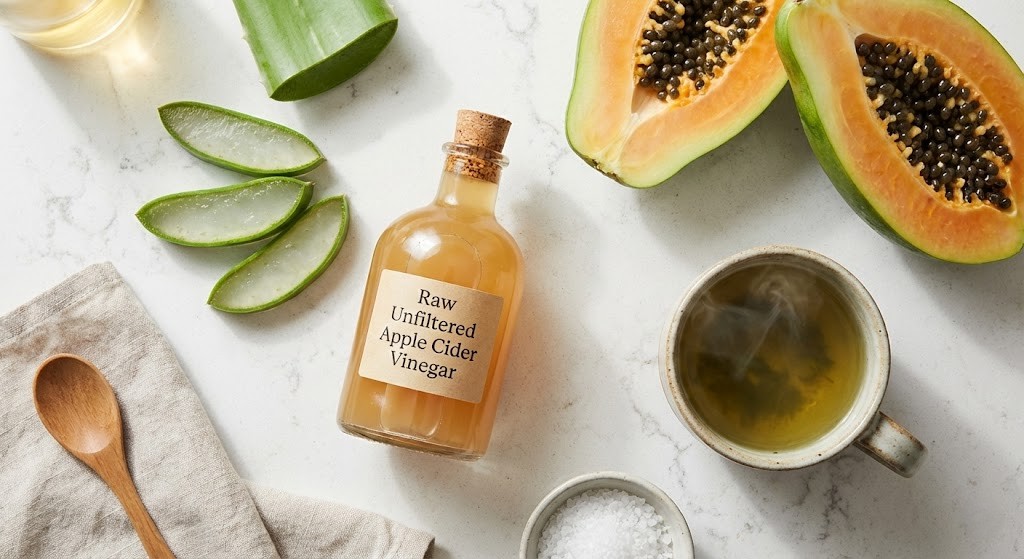 An overhead flat lay photograph featuring natural skincare ingredients including fresh aloe vera, apple cider vinegar, green papaya, and brewed green tea