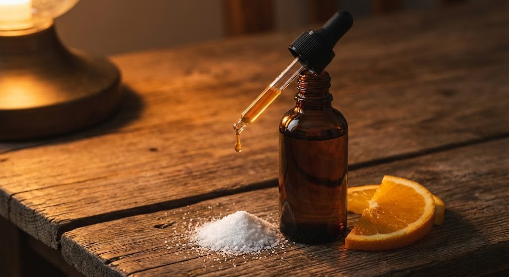 C serum in an amber bottle for skin brightening